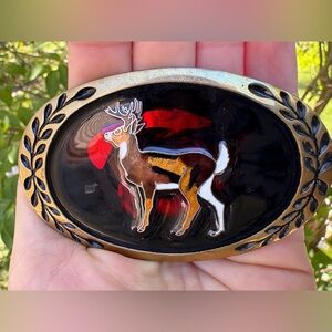 Vintage Deer Elk Brass Belt Buckle Lacquer Colored Hunting Nature  Black Red